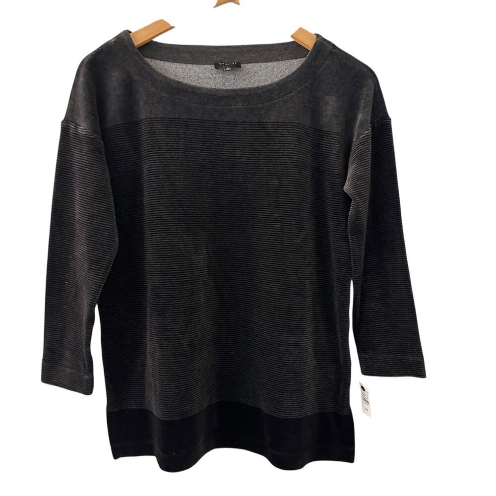 Talbots‎ Black and Grey Velour Soft 3/4 Sleeve Crewneck Blouse SP NWT